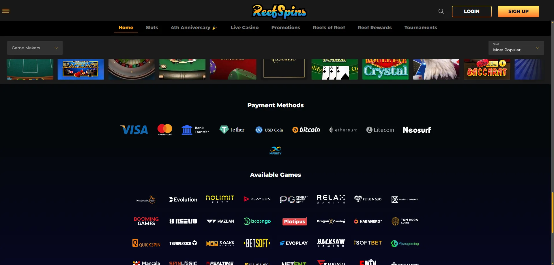ReefSpins Casino deposit and withdrawal payment methods overview