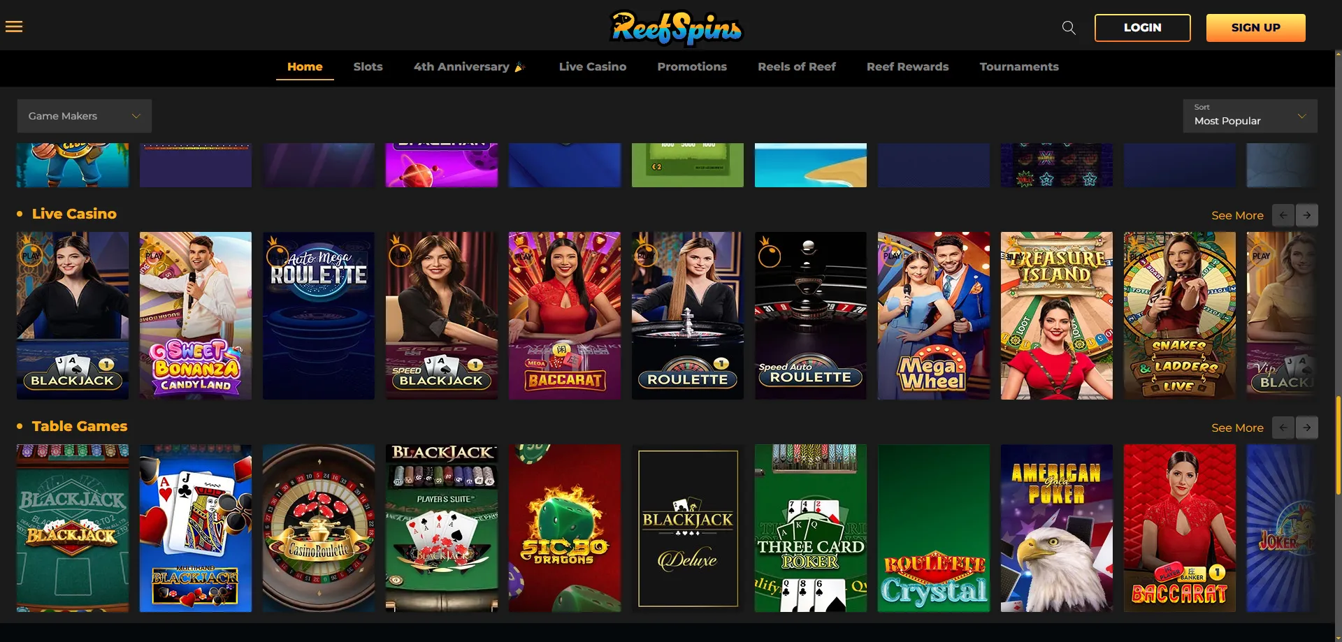 ReefSpins table games — roulette blackjack and baccarat