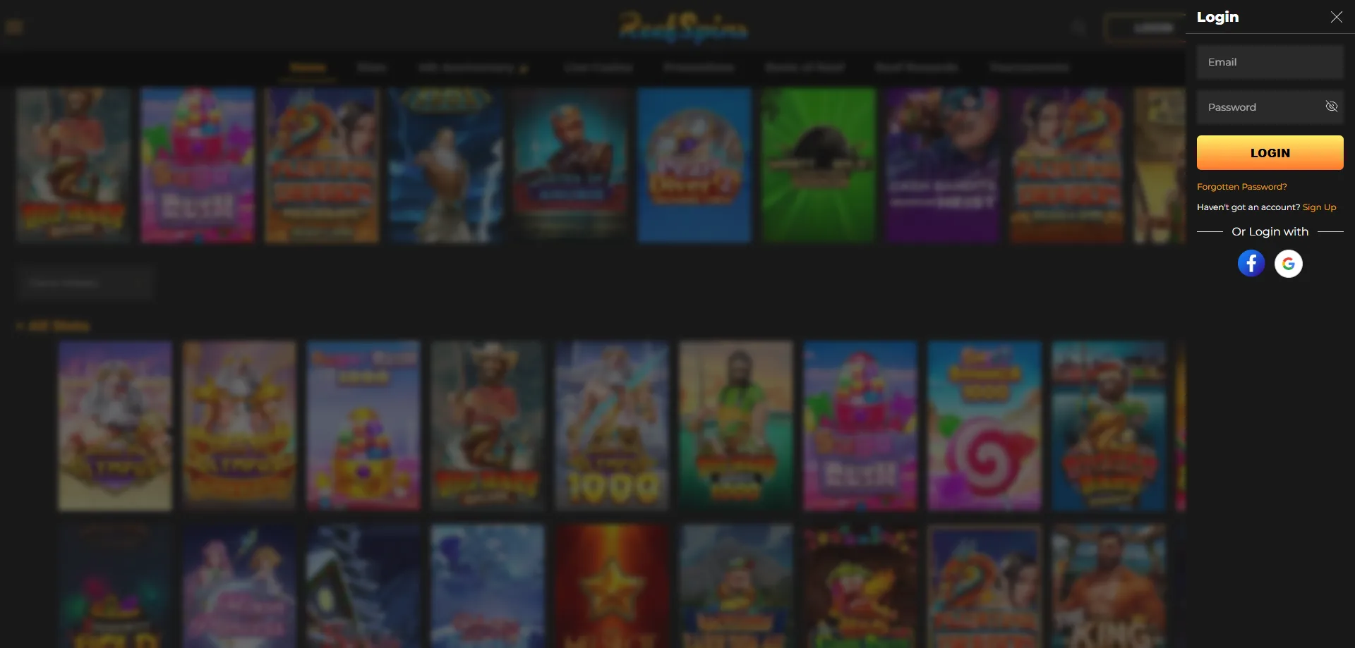 ReefSpins Casino login page — enter email and password to sign in