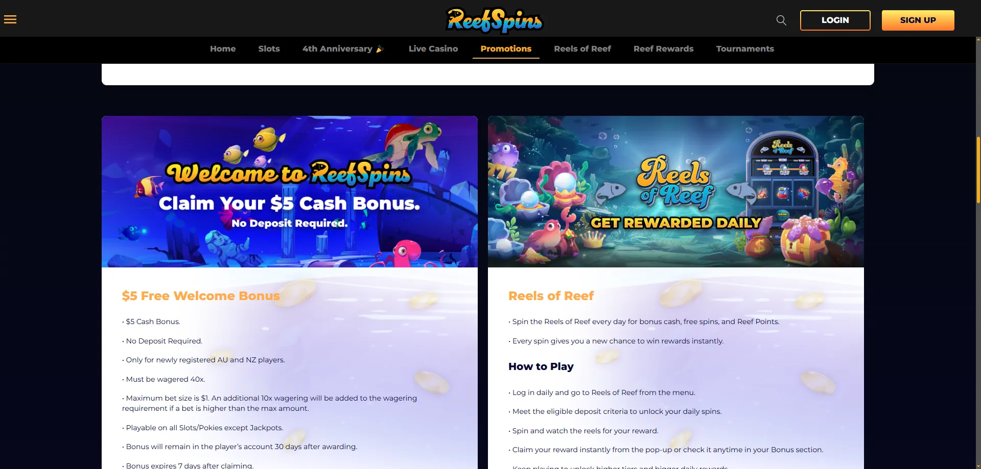 ReefSpins Casino welcome bonus offer for new player registrations